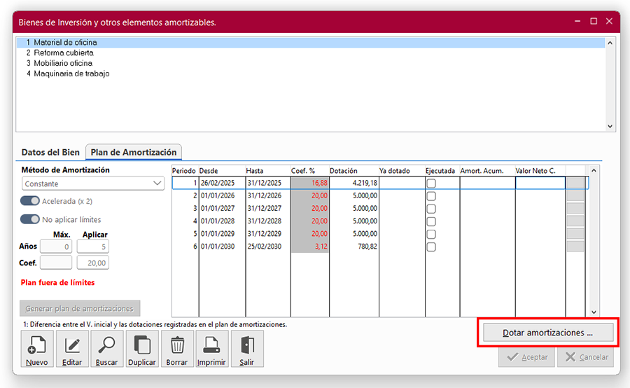Ventana Bienes de inversión y otros elementos amortizables en ClassicConta 7.